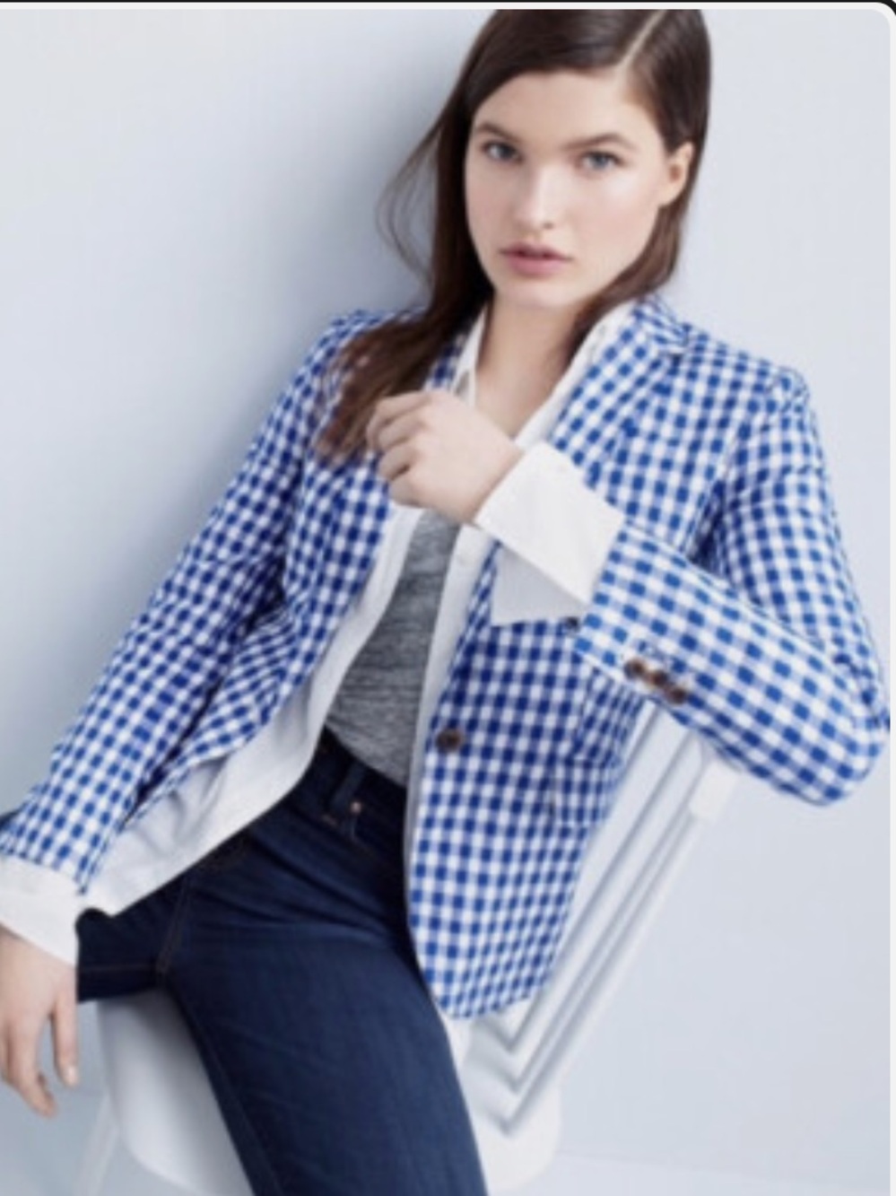 J. Crew schoolboy gingham blazer Blue and White Gingham Tailored Blazer